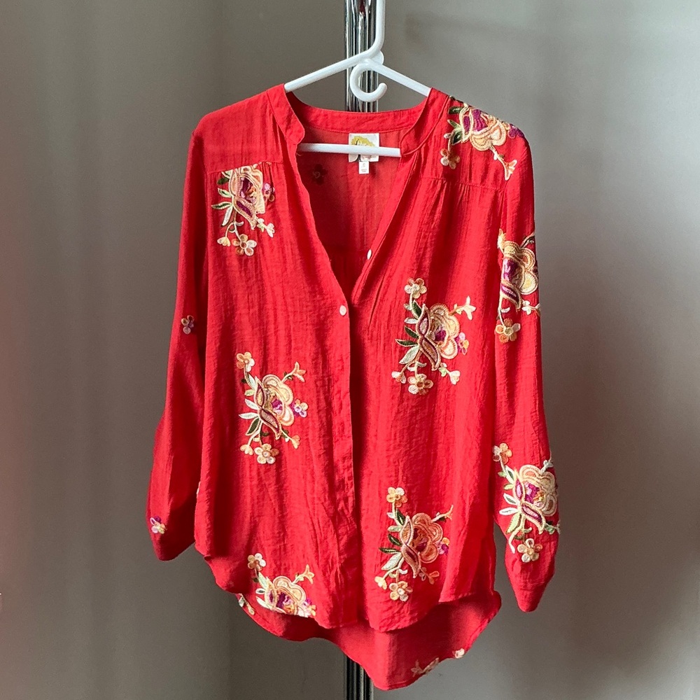 Fig and Flower Vibrant Red Embroidered Blouse